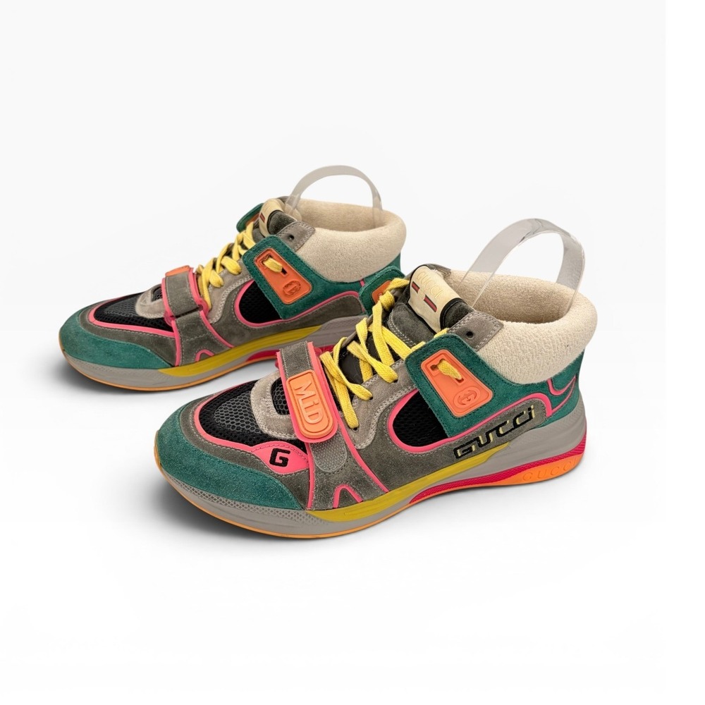 Gucci Ultrapace Mid Top Sneakers 40 Retro Neon Multi Color Suede Luxury Shoe - Picture 3 of 10